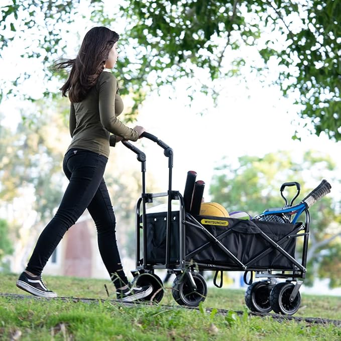 WHITSUNDAY Collapsible Folding Garden Outdoor Park Utility Wagon Picnic Camping Cart with Bearing and Brake 8" All Terrain Wheels with Push Bar (Grey)