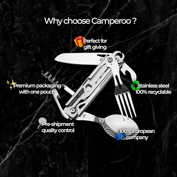 CAMPEROO® CAMPING UTENSILS SET - CAMPING CUTLERY - TRAVEL UTENSILS WITH CASE – 6 in 1 REUSABLE UTENSILS SET : SPOON, FORK, KNIFE, BOTTLE/CAN OPENER, CORKSCREW