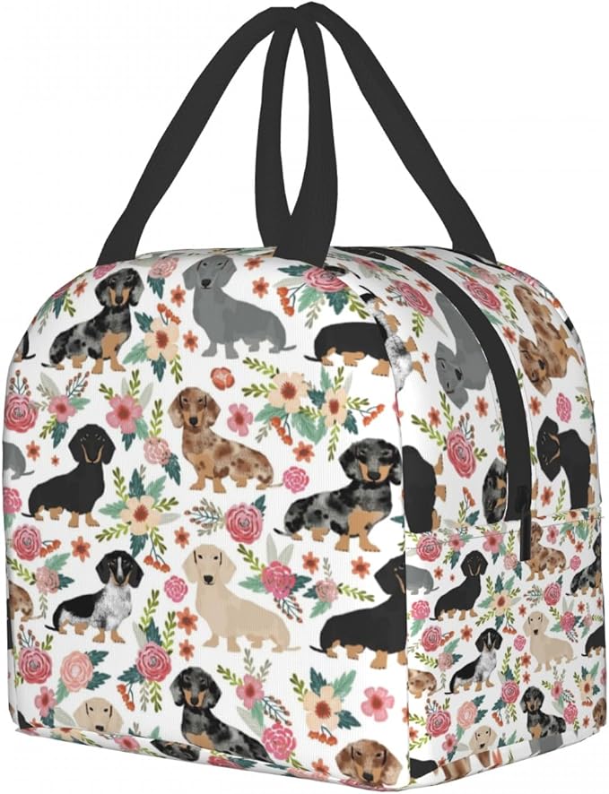 Giwawa Dachshund Floral Lunch Bag- Weiner Dog Flowers Insulated Reusable Lunch Box- Kids Thermal Cooler Lunch Tote Handbag for Women Girls Men Boys Travel