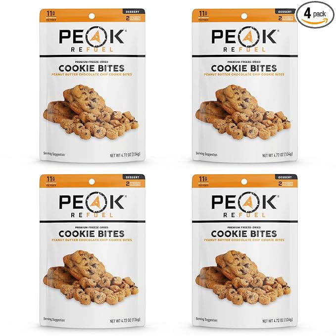 Peak Refuel Cookie Bites 4-Pack | Freeze Dried Backpacking and Camping Food | Tasty Trail Treat | High Protein Snack Packs