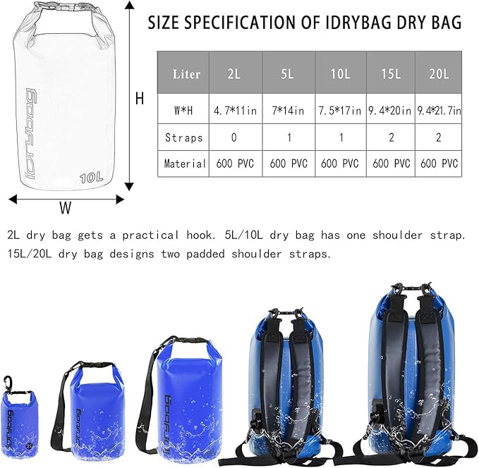 IDRYBAG Dry Bags for Kayaking Waterproof 2L/5L/10L/15L/20L, Small Dry Bag Waterproof Floating, Dry Sack Waterproof Bag for Paddleboarding Travel