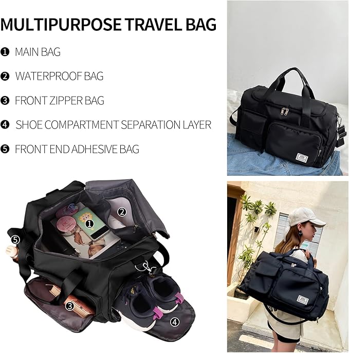 Travel Duffel Tote Bag with Dry Wet Separation Pocket, Weekender Bag for Women and Men,Waterproof Bag with Shoe Compartment Lightweight and Easy Carry on Black