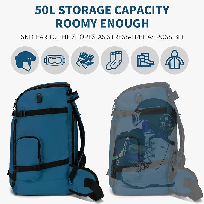 Ski Boot Bag Backpack, 50L Large Capacity Water-Resistant Padded Ski Travel Bag & Snowboard Boot Bag for Ski Boots, Helmet, Goggles, Clothes, Gloves, Snowboard Gear (Indigo)