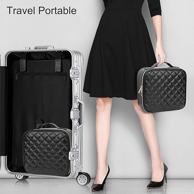 Relavel Makeup Bag, Travel Cosmetic Train Case Organizer Portable Artist Storage Bag with Adjustable Dividers for Cosmetics Makeup Brushes Toiletry Jewelry Digital Accessories Quilted Leather Black