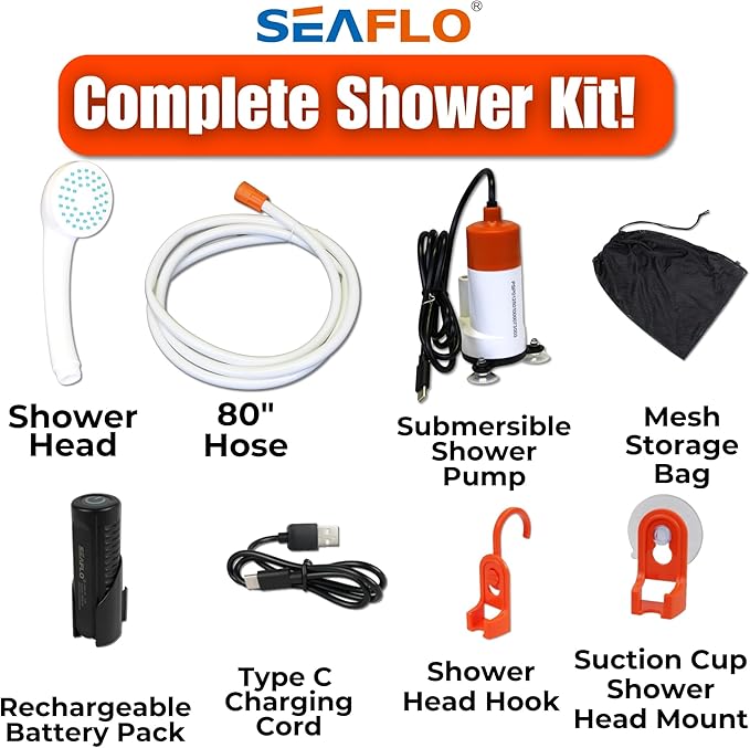 SEAFLO Portable Camping/Outdoor Shower, Rechargeable Battery, 2.64 Gallons Per Min, 40-Minute Runtime Outdoor Camping Pet Washing, Type-C Charging, 80" Hose (with or Without 2.6 Gallon Bucket)