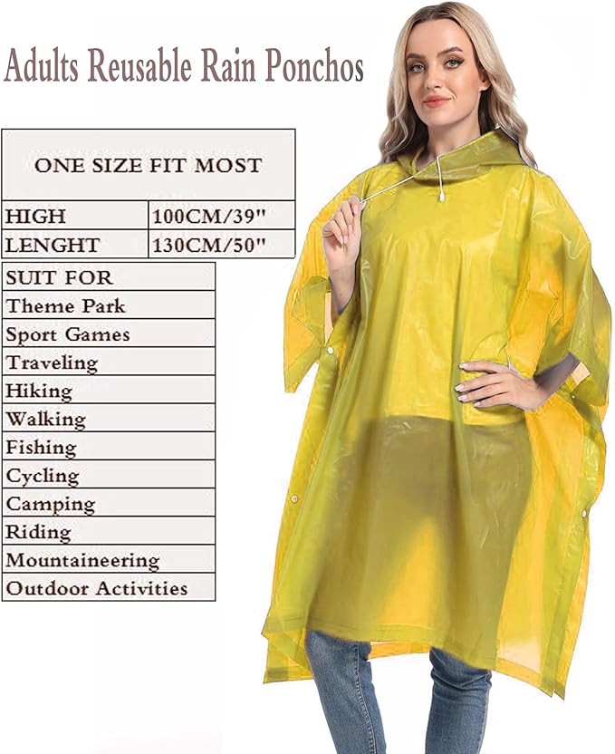 Reusable Rain Ponchos with Drawstring Hood for Adults, Waterproof Thicken Rain Coat, 2 Packs
