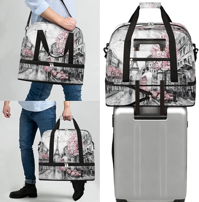 Eiffel Tower Foldable Travel Duffel Bag, Expandable Sports Gym Bag with Shoes Compartment Weekender Overnight Totes Bags for Women Men