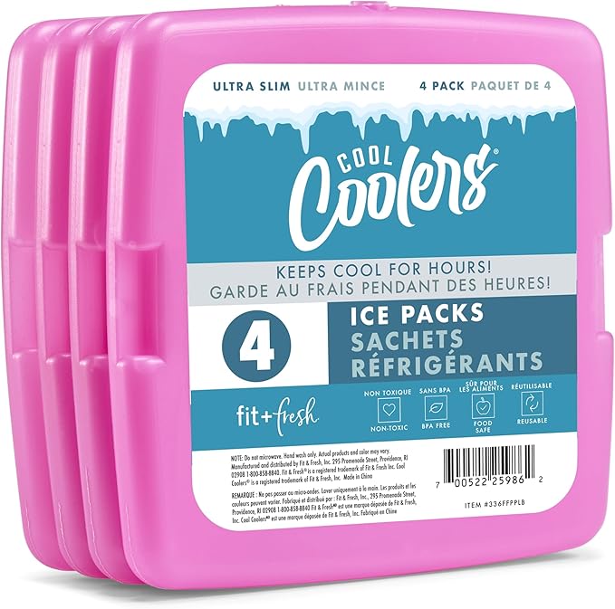 Cool Coolers by Fit & Fresh 4 Pack Slim Ice Packs, Quick Freeze Space Saving Reusable Ice Packs for Lunch Boxes or Coolers, Purple