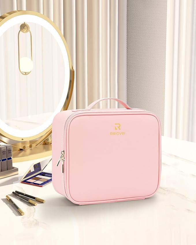 Relavel Travel Makeup Train Case Cosmetic Case Organizer Portable Artist Storage Bag with Adjustable Dividers for Cosmetics Makeup Brushes Toiletry Jewelry Digital Accessories (Pink)