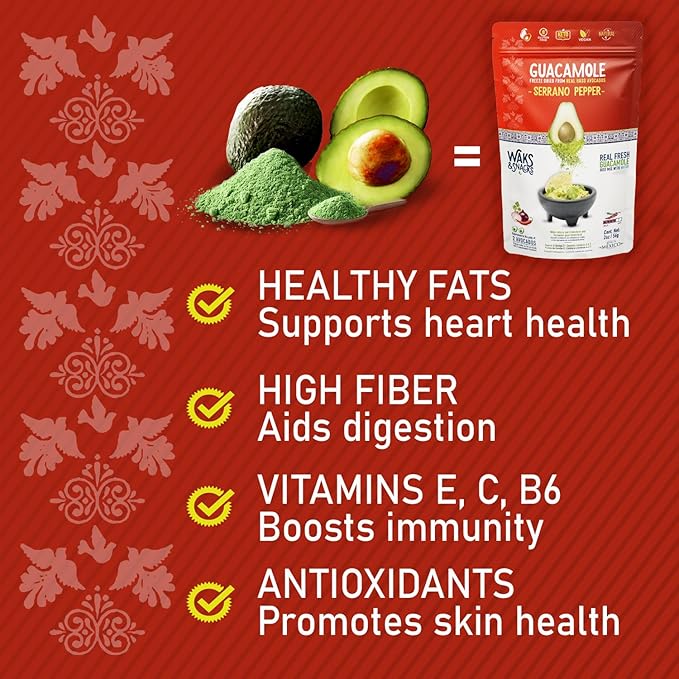 WAKS & SNACKS Freeze Dried Guacamole Serrano Pepper Mix | 100% Fresh Hass Avocados, Perfect for Chips | Energizes Camping & Hiking Meals | Vegan, Gluten-Free Guac Dip | 2 Avocados | 2 oz, 1 Pack