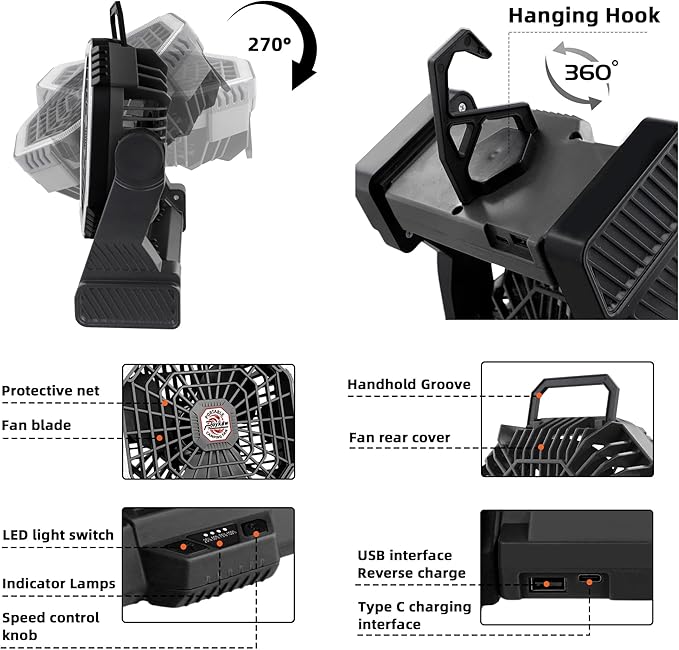 Roykaw Portable Camping Fan with 10400 mAh Rechargeable Battery, 36 Hrs Work, Ultra-bright LED Light & Cordless, Fit for Tent, Fishing, Bedroom, Office, Hurricane