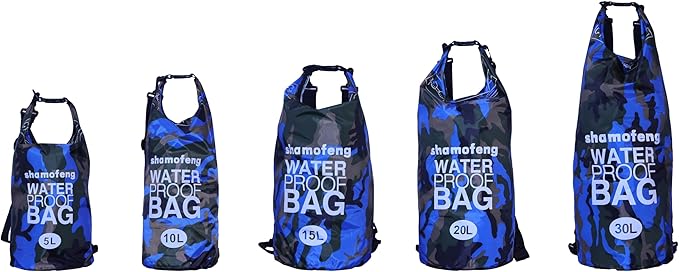 Waterproof Dry Bag Combo 5-30L Roll Top Dry Storage Bag Backpack for Kayaking Boating Beach Camping Travel Fishing, w/Phone Case & Collapsible Water Bottle & Sunglasses & Ear Band,Blue 20L