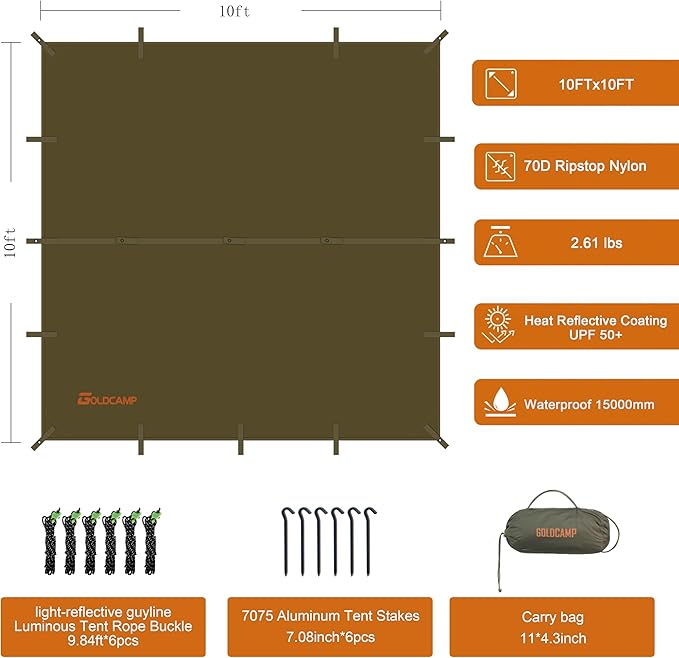 GOLDCAMP Waterproof Camping Tarp,70D Nylon 10X10FT Hammock Rain Fly ,UV 50+ and PU15000mm Tent Tarp Shelter Canopy,Heavy Duty Multifunctional Sun Shade or Rain Fly Essentials for Hiking Backpacking