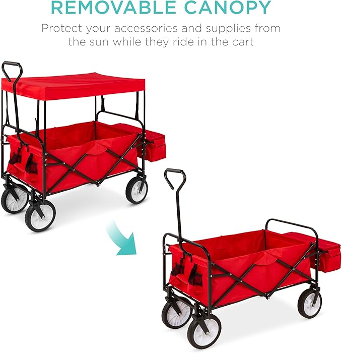Best Choice Products Collapsible Folding Outdoor Utility Wagon with Canopy Garden Cart for Beach, Picnic, Camping, Tailgates w/Removable Canopy, Detachable Pockets, 150lb Weight Capacity - Red
