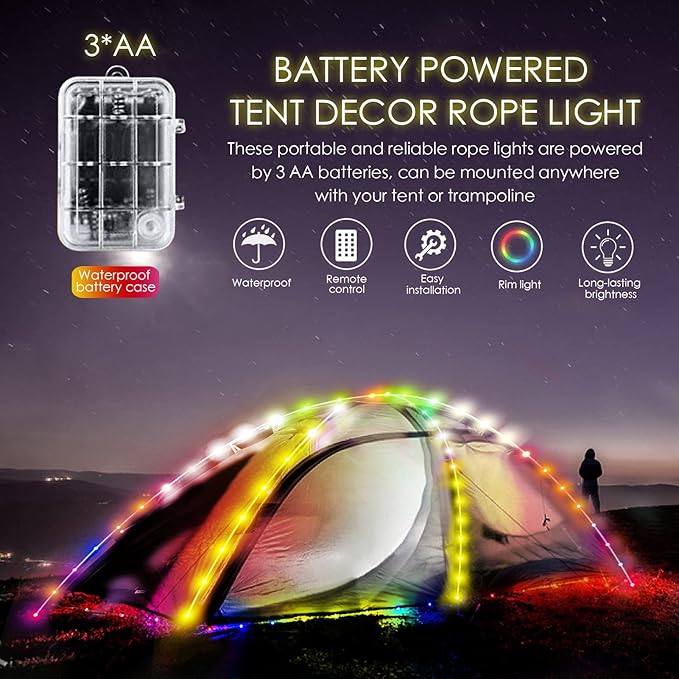 Camping Tent String Lights, 40Ft 120 LEDs 8 Modes Color Changing LED Rope Lights Battery Powered, Outdoor Waterproof LED Tent Light Great for Camping, Canopy, Hammock, Trampoline