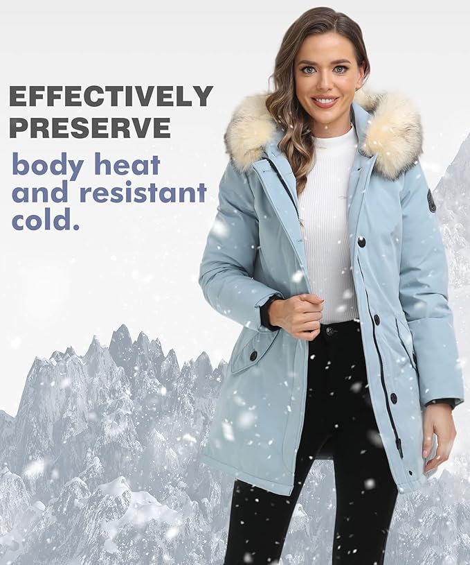 PUREMSX Duck Down Winter Coat for Women Insulated Long Thick Fur Hood Puffer Warm Parka Jacket