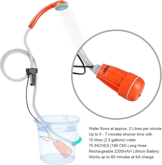 Portable Camping Shower, Outdoor Shower Head, Shower Pump, Detachable USB Rechargeable Batteries, Pumps Water from Bucket, for Camping, Hiking, Pet Cleaning, Pet Shower, Car Washing