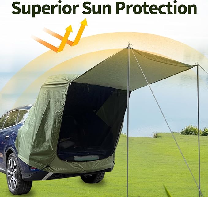 SUV Tents for Camping, 210D Heavy Duty Waterproof Tailgate Tent with Shade SUV Awning & Screen Net, Universal Car Tents for Full Size Camping SUV (Green)