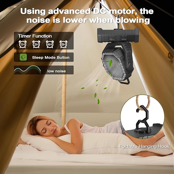 20000mAh Portable Camping Fan with LED Light, Rechargeable Battery Powered Oscillating Fan with Remote & Hook,Timer, 65HRS Running, 4-Speed for Travel, Tent, Room, Car, Picnic, Fishing-Black