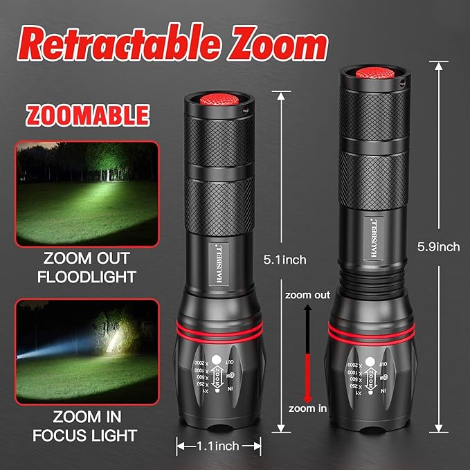 HAUSBELL A100 LED EDC Flashlights High Lumens,Bright, Zoomable, Waterproof, Powerful, Emergency Tactical LED Flashlights for Home and 5 Modes, Flashlight for Camping Gear、Hiking、Walking(2Pack)