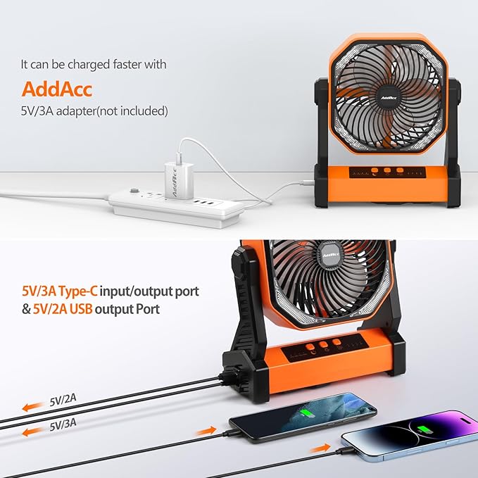 20000mAh Camping Fan, Rechargeable Portable Fan with 400 Lumes Light, 360° Rotatable Hook, 270° Pivot, 4 Speeds, 58Hrs Battery Powered for Tent Car Trip Outdoor BBQ Hurricane Power Outages