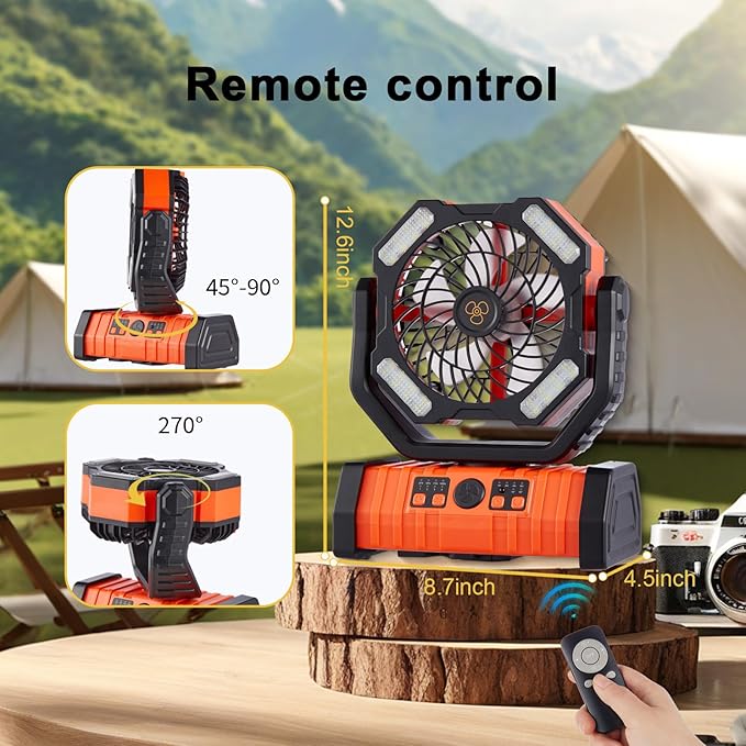 Rechargeable Fan,Operated Camping Battery Powered Fan with Hook&Bright LED Light,Remote Control Timer Auto Oscillation Cordless Outdoor for Power Outage,Picnic,Barbecue,Jobsite,Home,Fishing,Travel