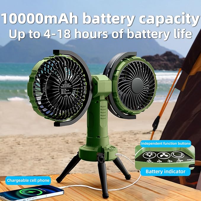 Solar Camping Fan Rechargeable,6000 mAh Battery Powered Automatic Oscillating Tent Fans with 4 Solar & LED Light Panals,Portable Camping Essentials for Canopy,Fishing,Travel,Outdoor,Green