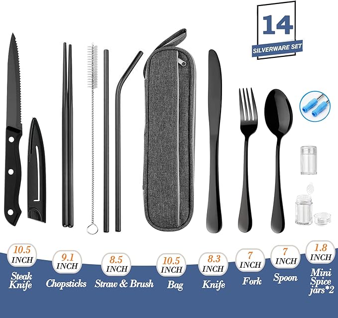 Stainless Steel Portable Reusable Travel Utensils with Case - Flatware Cutlery Set, Chopsticks, Straw - Black