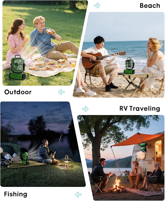 Camping Fan with Bluetooth Speaker Portable Fan,20000mAh Rechargeable Battery Powered Fans, 360° Hanging Hook for Outdoor Picnic Tent Beach Travel Barbecue, Green