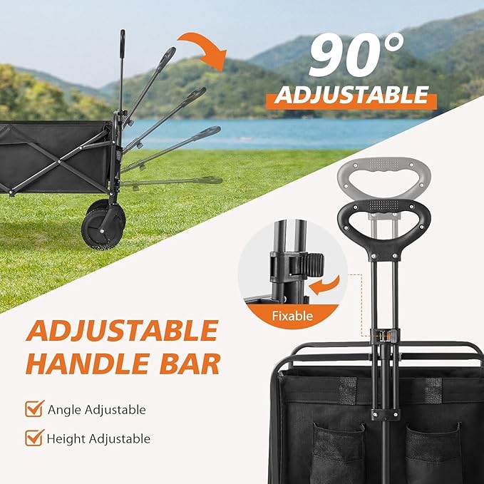 Sweetcrispy Collapsible Foldable Wagon Cart, Large Capacity Garden Cart with Wheels, Heavy Duty Utility Grocery Wagon with Drink Holders for Shopping Sports Camping, Large Black