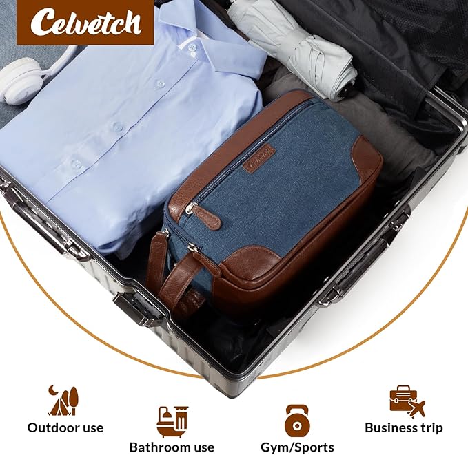 Travel Toiletry Bag for Men - Canvas Toiletries Bag with Multiple Pockets Large Hanging Dopp Kit Travel Bag for Toiletries Essentials Accessories - Navy Blue
