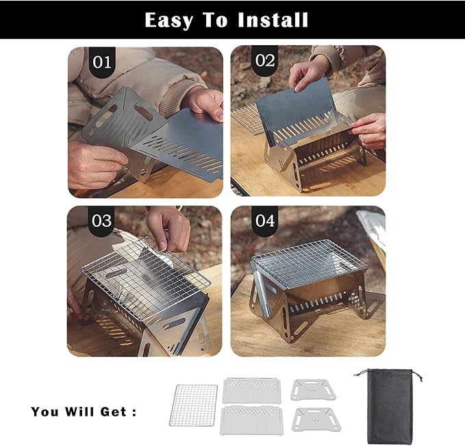 Portable Backpacking Stove with Grill Grid, Folding Stainless Steel Charcoal Grill, Ultralight BBQ Wood Burning Camp Stove for Hiking Picnic Garden Backyard Cooking