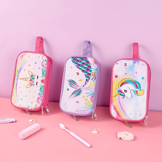 WAWSAM Mermaid Toiletry Bag - Kids Toiletry Bag for Girls Christmas Birthday Gift Camping Travel Toiletry Case Toiletries Makeup Cosmetic Pouch Pink Water-resistant Wash Bag Dopp Kit with Mesh Pocket