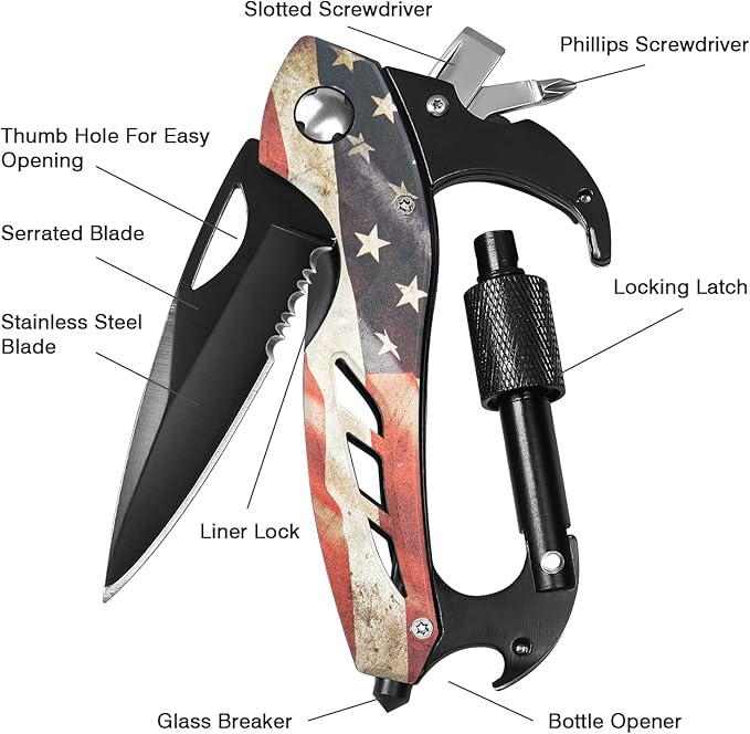 Multitool Carabiner Knife Tools for Men, Cool Gadgets Survival Gear with Folding Knives, Bottle Opener, Window Breaker and Screwdriver for Hiking Camping, 7-in-1 EDC Multi Tool (USA Flag)