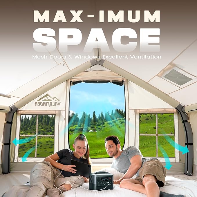 Inflatable Tent with Skylight, Quick Setup Blow Up Tents with Pump, Hot Tent with Stove Jack, Waterproof Oxford Inflatable House for Camping, Air Glamping Tents for Camping Adult 4-6 Person