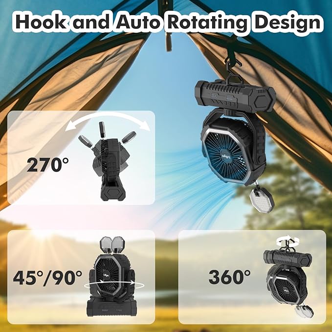 Portable Fan, AI Outdoor Rechargeable Camping Fan with Light, 20000mAh Battery Powered, 360° Rotating Hook, 4 Speeds for Indoor, Traveling, Tenting, RVing, Fishing, Beach (Black)