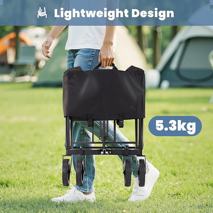DUMOS Foldable Wagons Carts with All-Terrain Wheels, 120L & 360LBS Portable Garden Wagon Large Capacity Utility Cart with Drink Holders, Heavy Duty Collapsible for Sand, Beach, Gardening (Large Black)