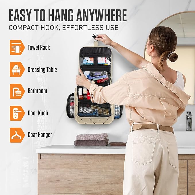 VENTURE 4TH Hanging Travel Toiletry Bag for Women & Men - Travel Organizer with Expandable Compartments & Removable Clear Pouch for Toiletries (Beige Diamonds)