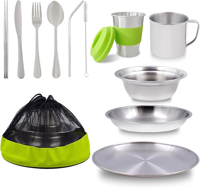 Camping Mess Kit Camping Plates Dishes Stainless Steel Camping Utensils Set Tableware Dinnerware with Bowls Cups Cutlery 1-2 Person for Backpacking, Hiking, Picnic, BBQ, RV Travel