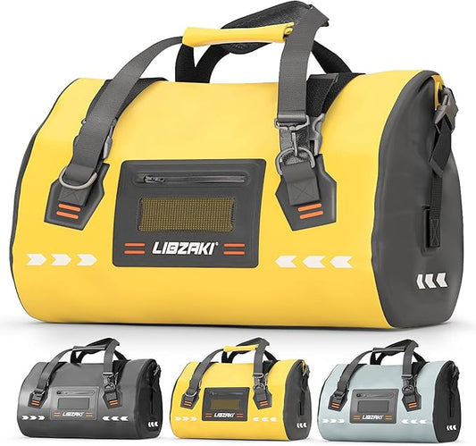 LIBZAKI High-Vis Waterproof Duffel Bag - PVC Rolltop Dry Bag with Locking Straps for Motorcycle Travel, Beach & Emergency Gear 70L Black/Yellow