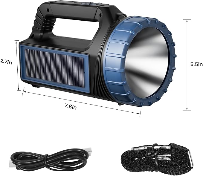 Solar Flashlights, Solar Flashlight for Multi Function 8000 Lumens Led Flashlight with Emergency Strobe Light Emergencies, Led High Lumens, USB C and Large Capacity Battery (2pcs)