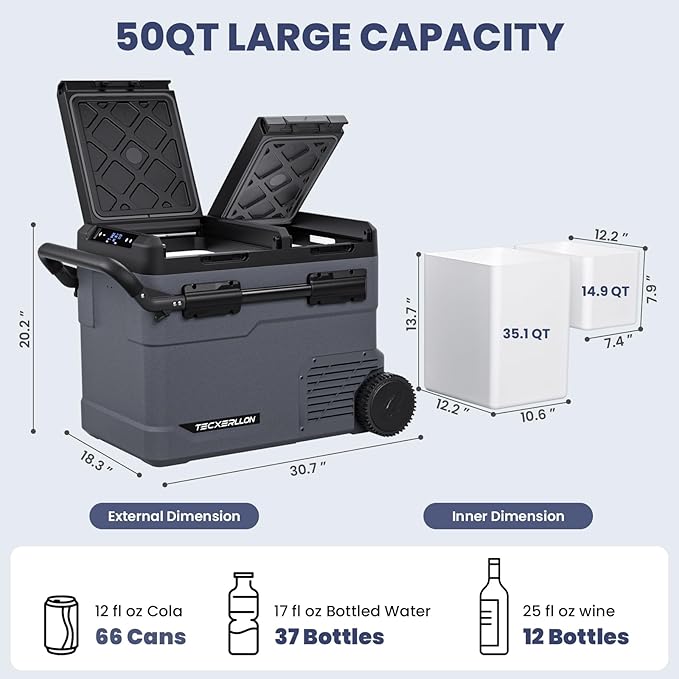 12 Volt Car Refrigerator Dual Zone Electric Cooler, 50 Quart Portable Freezer Fridge with APP Control, Compatible with Detachable Battery (Not Included), for Overlanding, Camping, RV, Truck