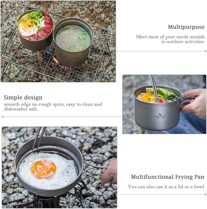 iBasingo Titanium Pot Pan Set with Folding Handle - Ultralight Portable Outdoor Cookware Mess Kit for Camping, Picnic, Travel & Backpacking (1080ml Soup Pot, 900ml Cup, 500ml Frying Pan)