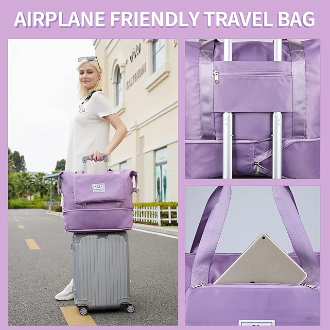 Expandable Travel Duffel Tote Bag - Foldable Overnight Weekender, Carry-On, Swim & Gym Bag - Fits Spirit Airlines Personal Item Size - Lightweight, Waterproof & Durable with Trolley Sleeve,Purple