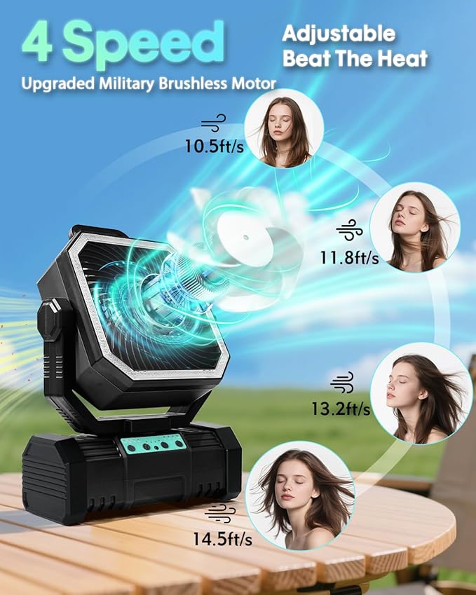 Portable Camping Fan, 20000mAh Rechargeable Battery Operated Oscillating Fan for Tents, 4 Speeds, 360° Rotation Hook, LED Light for Outdoor RV Travel Essentials- Black(No Bluetooth Speaker)