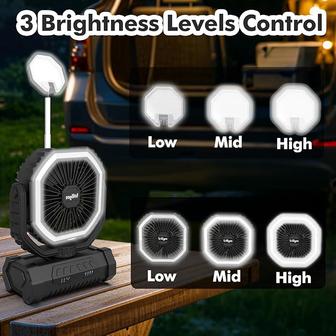 Portable Fan, AI Outdoor Rechargeable Camping Fan with Light, 20000mAh Battery Powered, 360° Rotating Hook, 4 Speeds for Indoor, Traveling, Tenting, RVing, Fishing, Beach (Black)