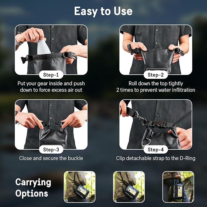 Pelican Marine IP68 Waterproof Dry Bag 5L - Roll Top Waterproof Backpack w/Phone Case/Pouch - Boating & Kayak Accessories - Essentials for Camping Swimming Beach Fishing Rafting Travel - Black