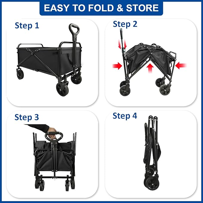 Collapsible Wagon Cart Foldable Portable Heavy Duty Folding Beach Wagons, Outdoor Utility Carts with Large Capacity for Grocery, Camping, Shopping, Fishing, Sports, Garden Black