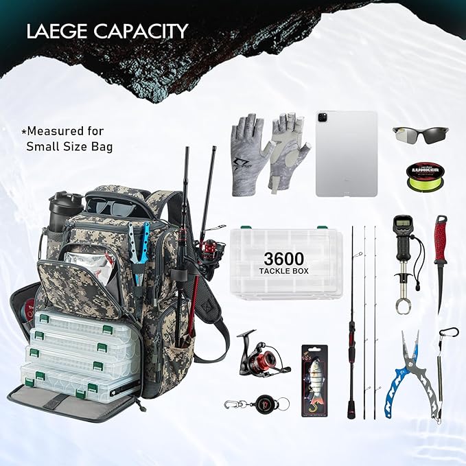 Piscifun Fishing Tackle Backpack with 4 Trays, Large Outdoor Storage Tackle Bag with Protective Rain Cover for Fishing Gear