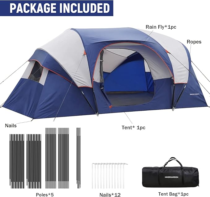 HIKERGARDEN 10 Person Camping Tent - Portable Easy Set Up Family Tent for Camp, Windproof Fabric Dome Tent Outdoor for Hiking, Backpacking, Traveling-14'x11'x74in(H)